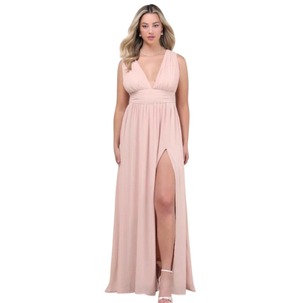Elegant Blush Pink V Neck Slit Dress Sz Med Bridesmaid Formal Gown